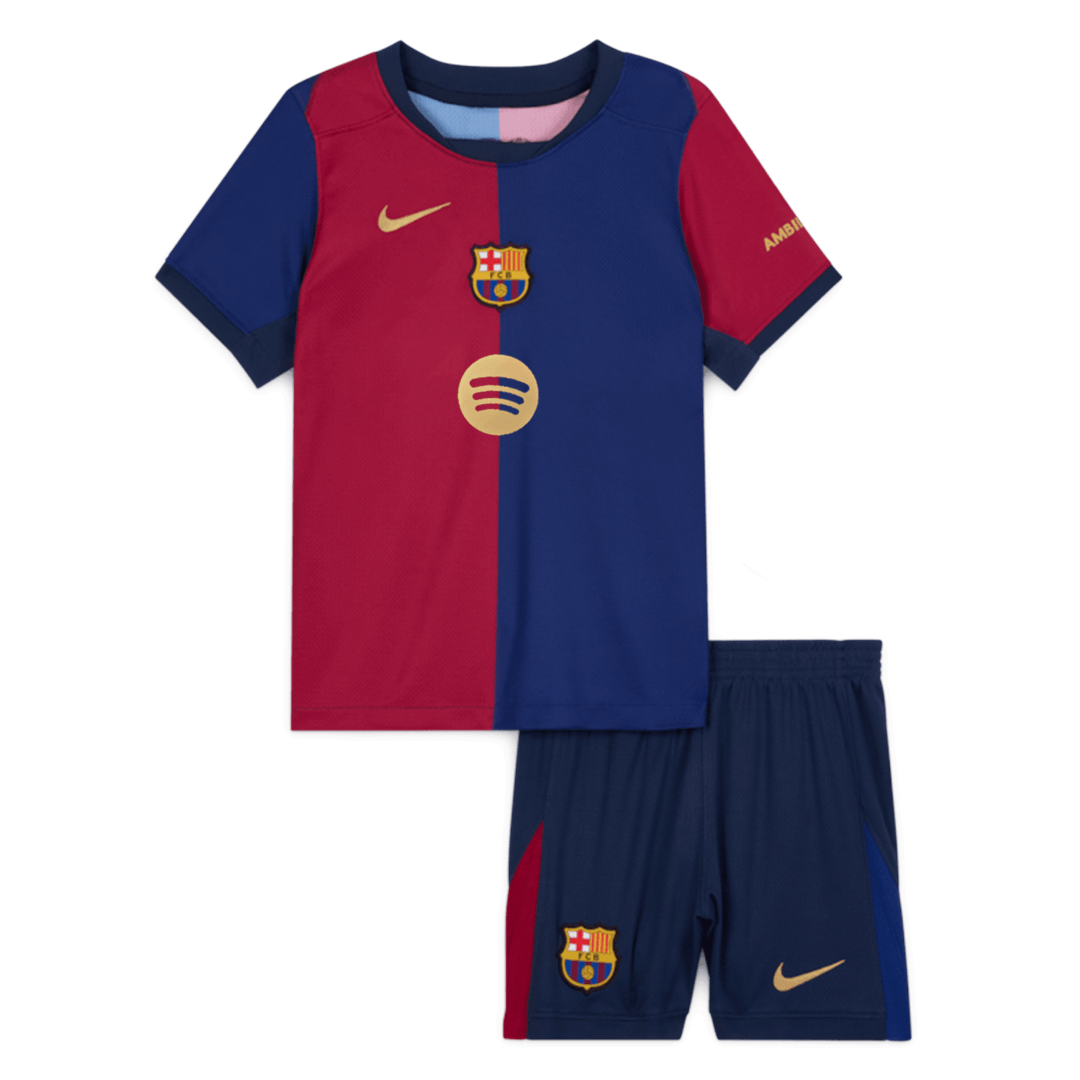 Maillot de football domicile Barcelone pour enfant (maillot + short) 2024/25 rouge et bleu avec logo Spotify sans texte