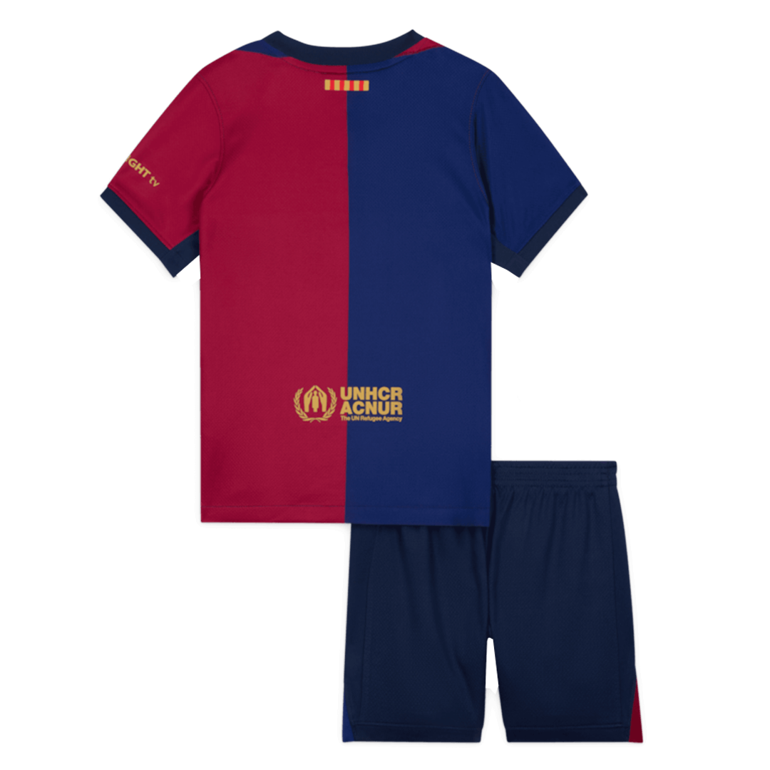 Maillot de football domicile Barcelone pour enfant (maillot + short) 2024/25 rouge et bleu avec logo Spotify sans texte